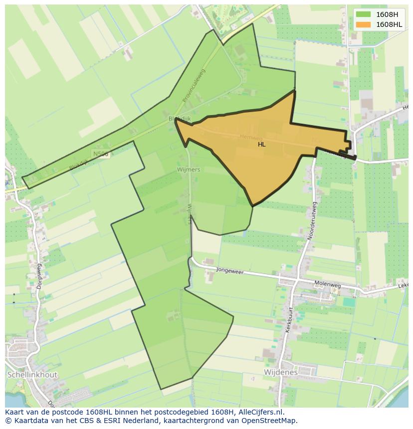 Afbeelding van het postcodegebied 1608 HL op de kaart.
