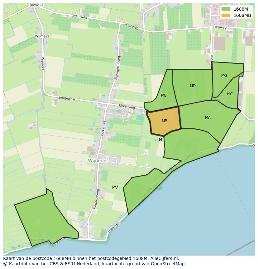 Afbeelding van het postcodegebied 1608 MB op de kaart.