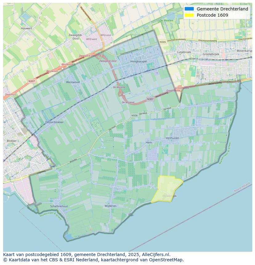 Afbeelding van het postcodegebied 1609 op de kaart.
