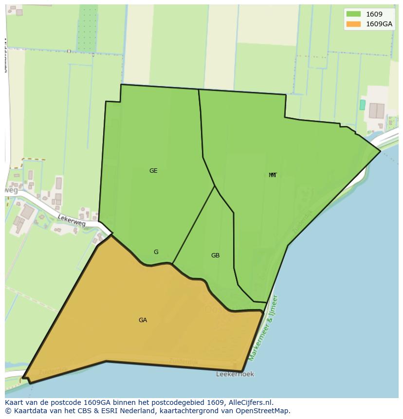 Afbeelding van het postcodegebied 1609 GA op de kaart.