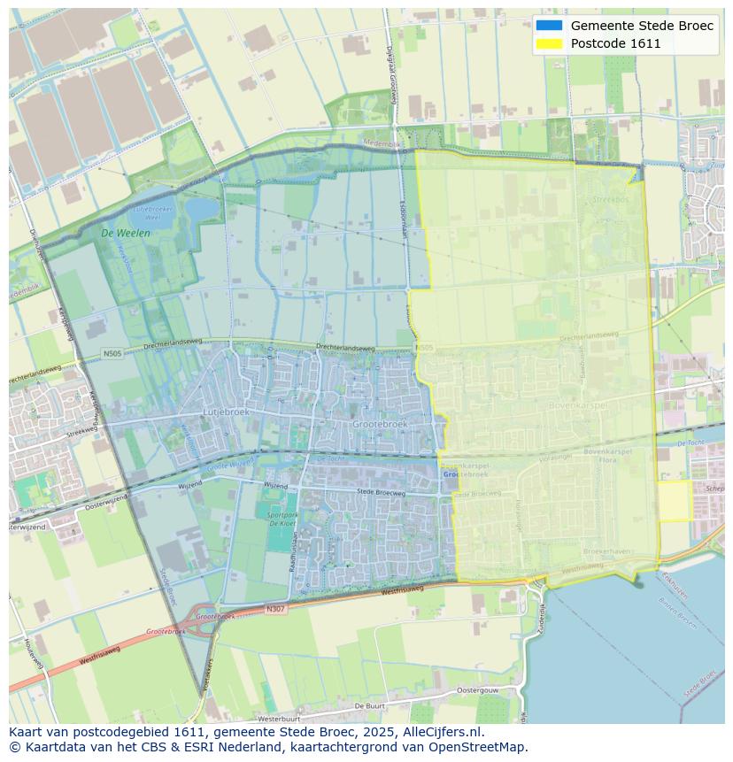 Afbeelding van het postcodegebied 1611 op de kaart.