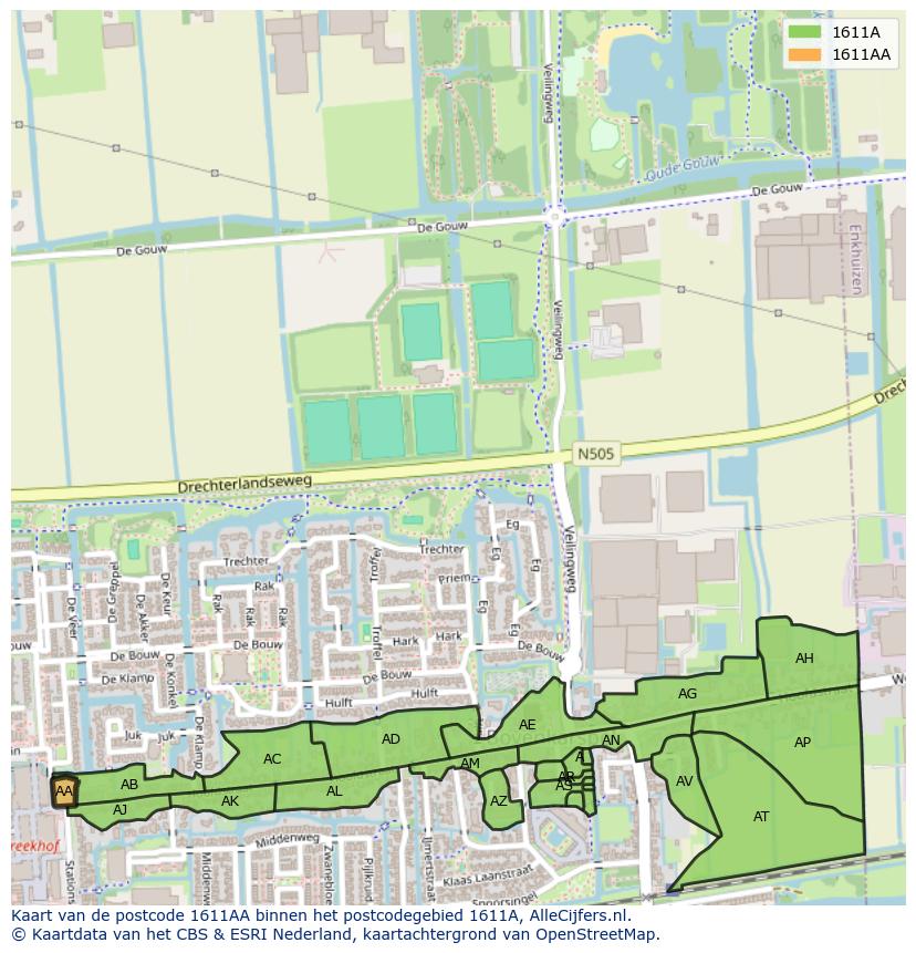 Afbeelding van het postcodegebied 1611 AA op de kaart.