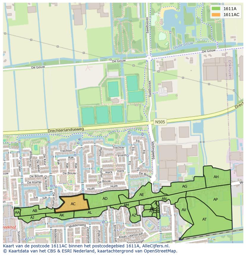 Afbeelding van het postcodegebied 1611 AC op de kaart.