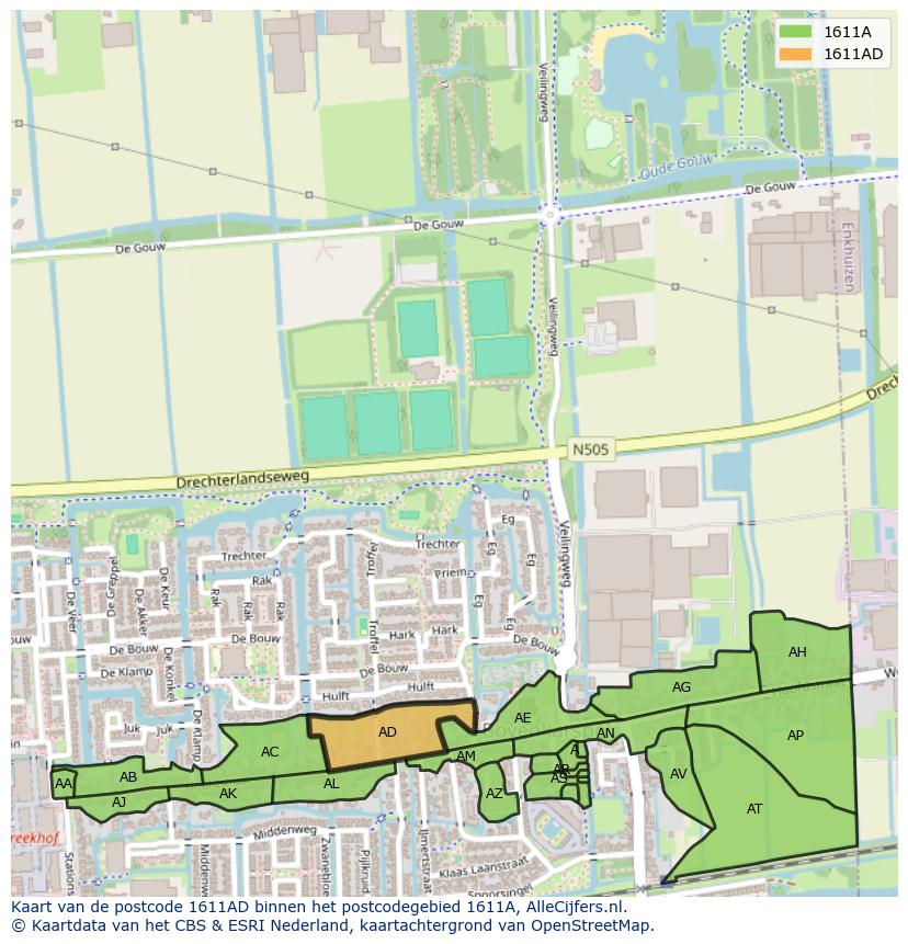 Afbeelding van het postcodegebied 1611 AD op de kaart.