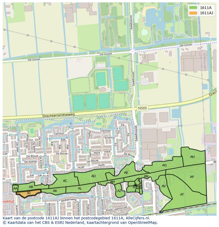 Afbeelding van het postcodegebied 1611 AJ op de kaart.