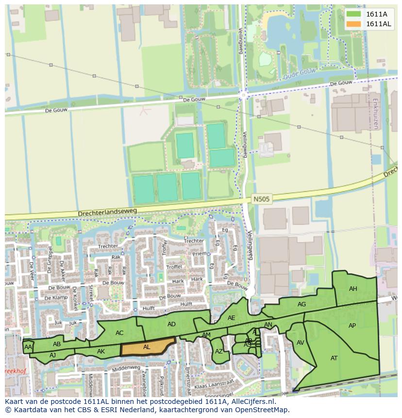 Afbeelding van het postcodegebied 1611 AL op de kaart.