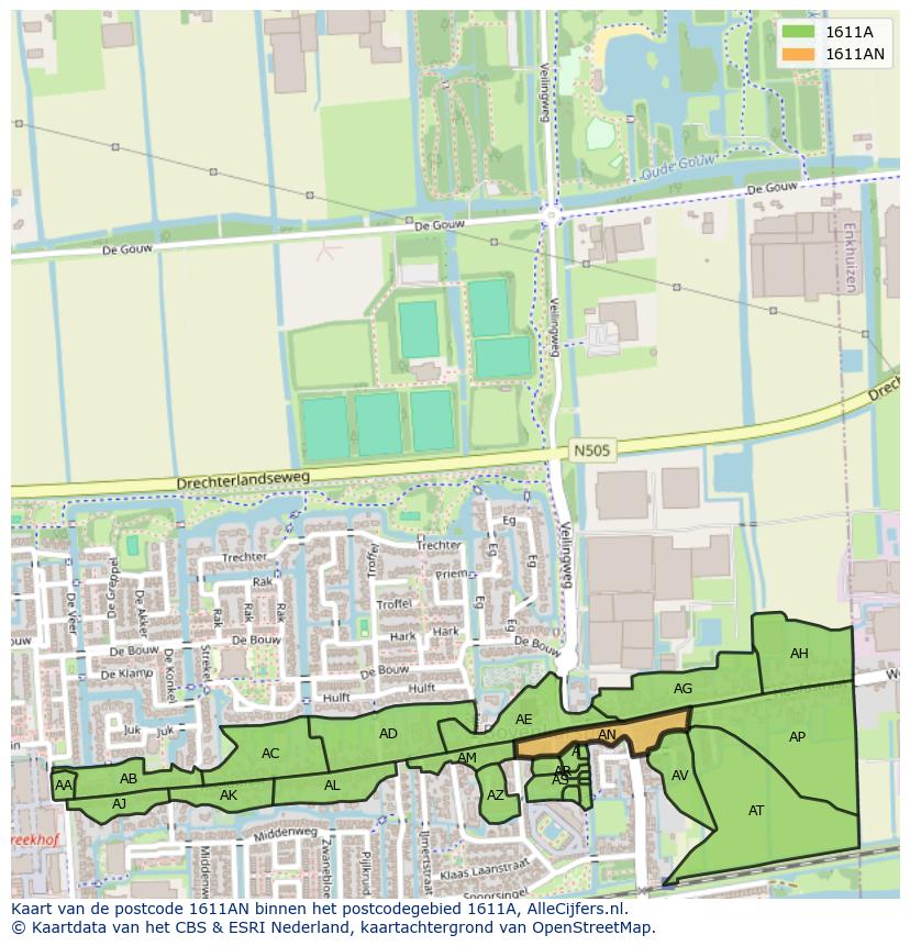 Afbeelding van het postcodegebied 1611 AN op de kaart.