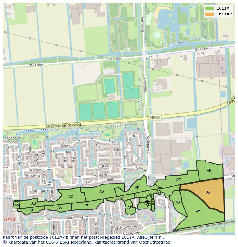 Afbeelding van het postcodegebied 1611 AP op de kaart.