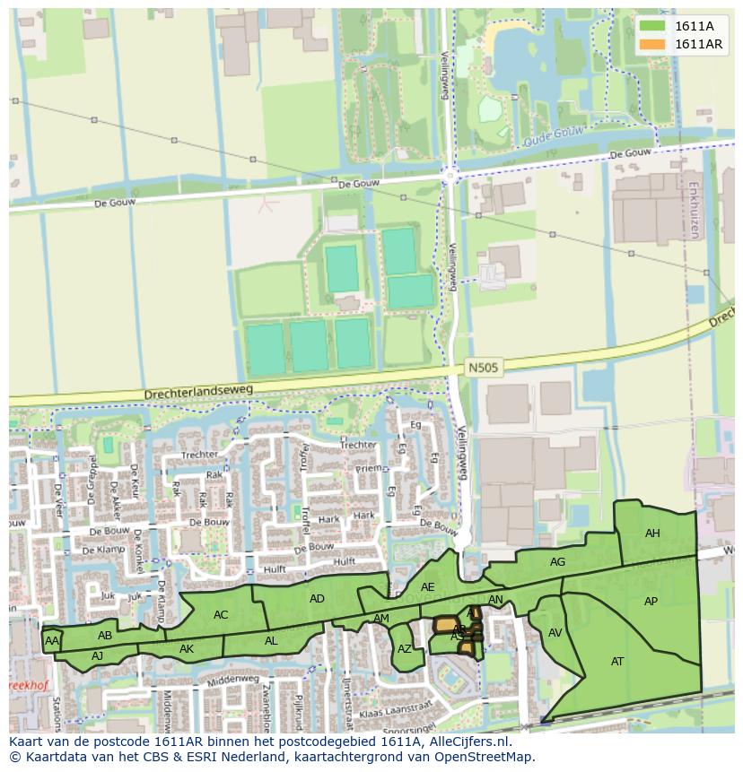 Afbeelding van het postcodegebied 1611 AR op de kaart.