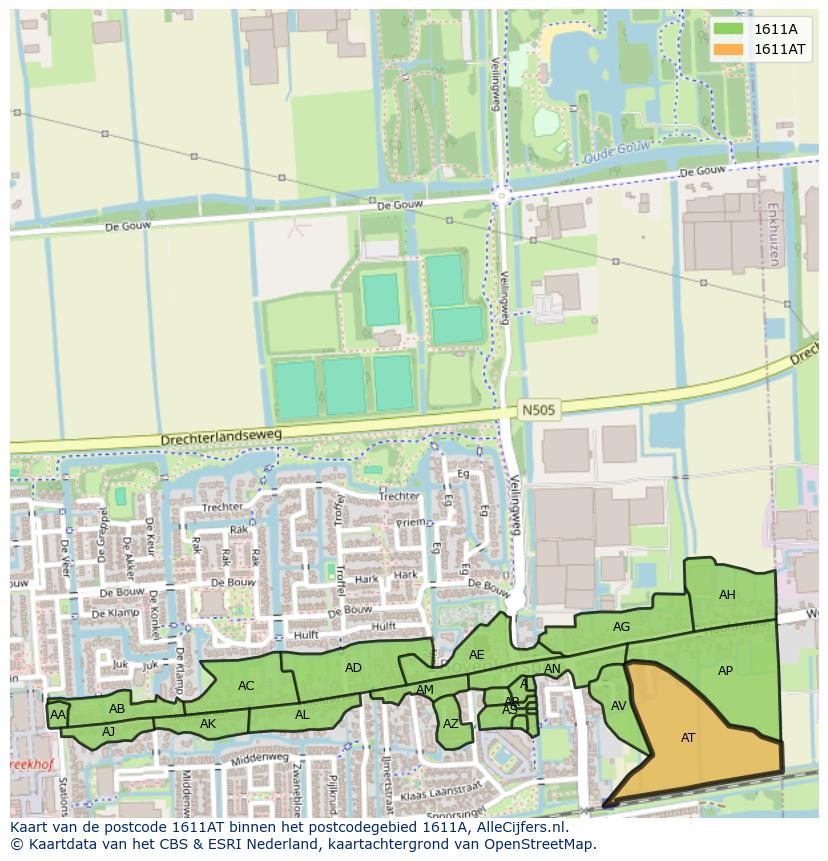 Afbeelding van het postcodegebied 1611 AT op de kaart.