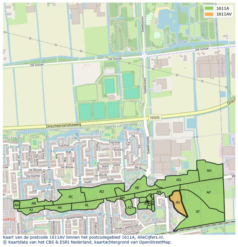 Afbeelding van het postcodegebied 1611 AV op de kaart.