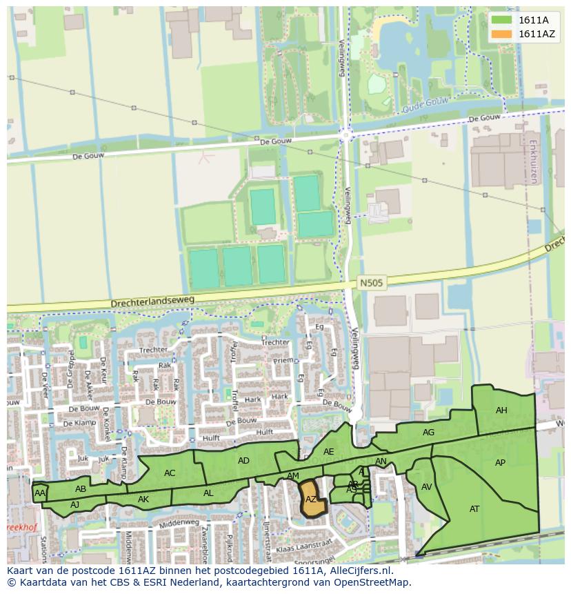 Afbeelding van het postcodegebied 1611 AZ op de kaart.