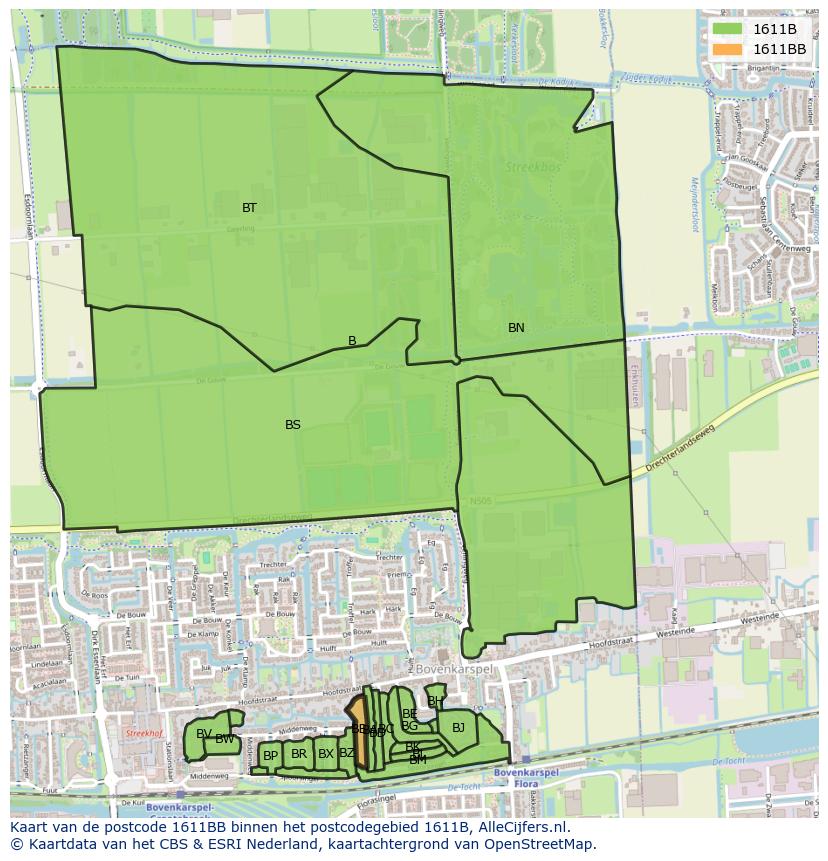 Afbeelding van het postcodegebied 1611 BB op de kaart.