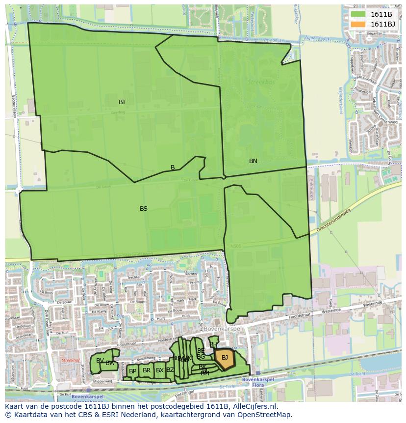 Afbeelding van het postcodegebied 1611 BJ op de kaart.