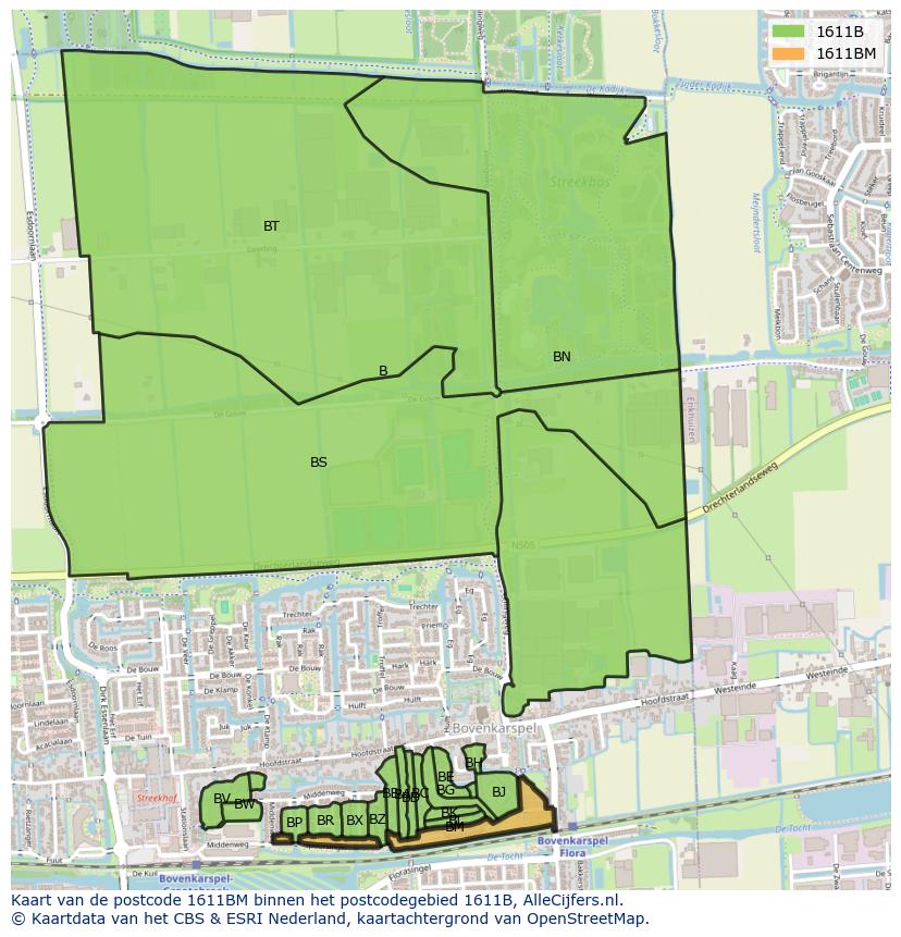 Afbeelding van het postcodegebied 1611 BM op de kaart.