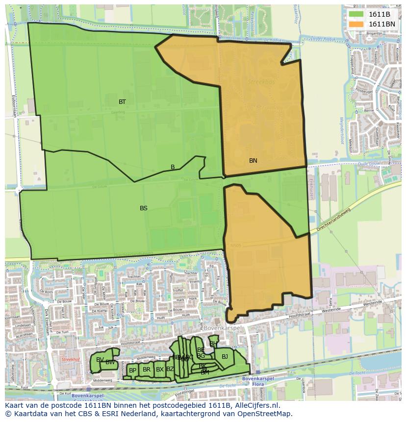 Afbeelding van het postcodegebied 1611 BN op de kaart.