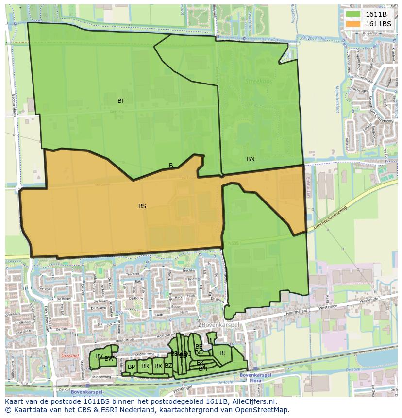 Afbeelding van het postcodegebied 1611 BS op de kaart.