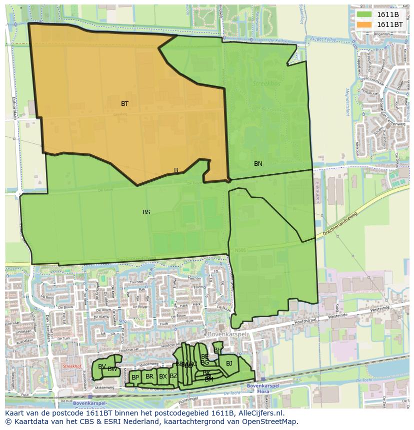 Afbeelding van het postcodegebied 1611 BT op de kaart.