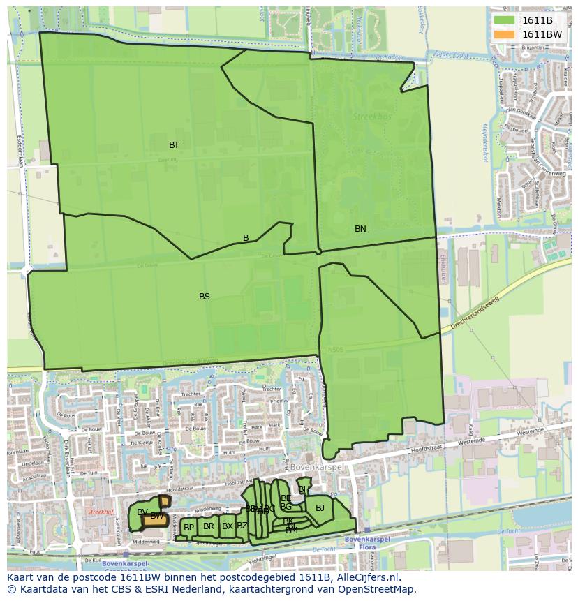 Afbeelding van het postcodegebied 1611 BW op de kaart.