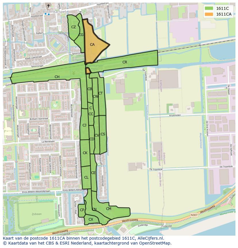 Afbeelding van het postcodegebied 1611 CA op de kaart.