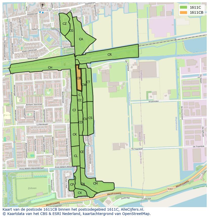 Afbeelding van het postcodegebied 1611 CB op de kaart.