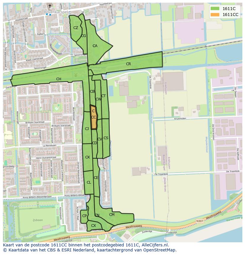 Afbeelding van het postcodegebied 1611 CC op de kaart.