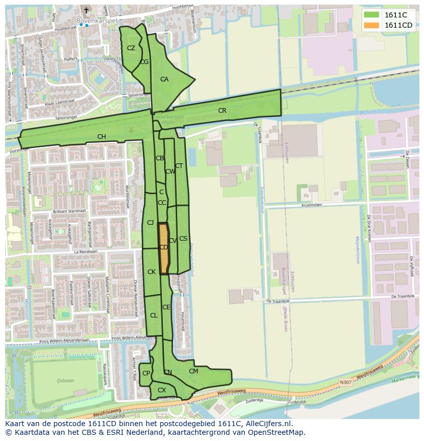 Afbeelding van het postcodegebied 1611 CD op de kaart.