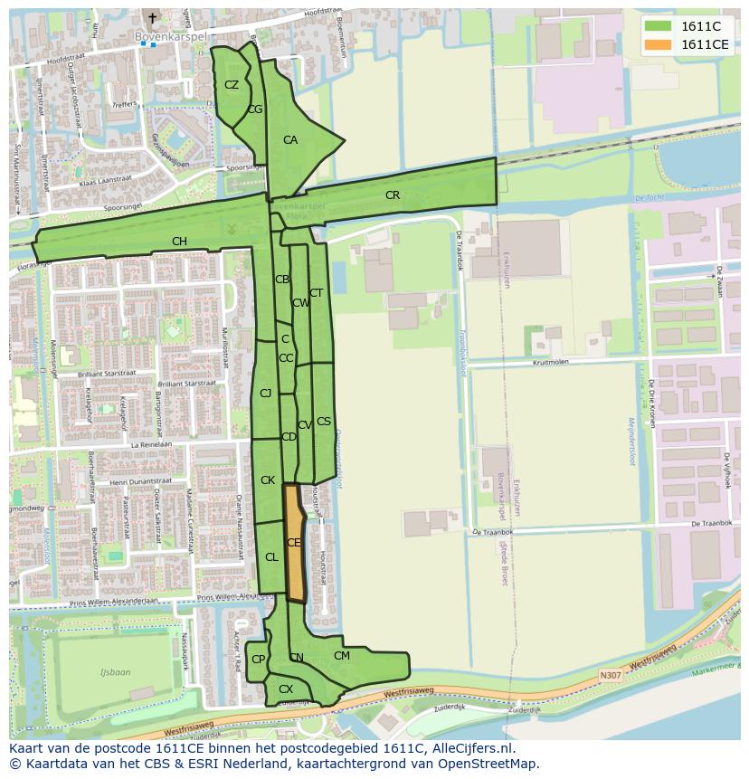 Afbeelding van het postcodegebied 1611 CE op de kaart.