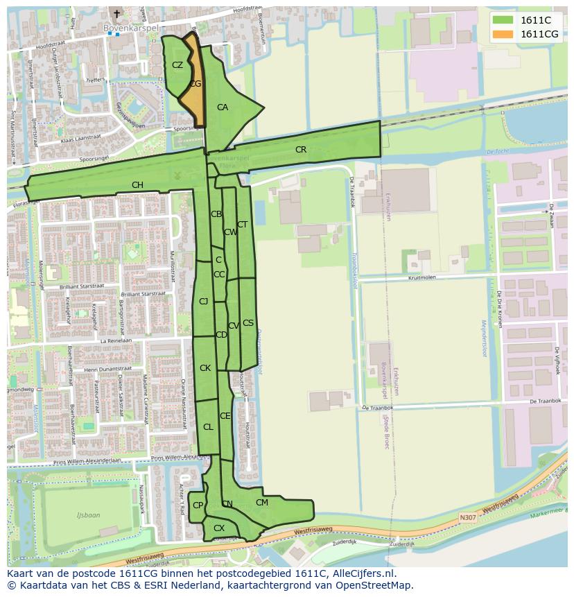 Afbeelding van het postcodegebied 1611 CG op de kaart.