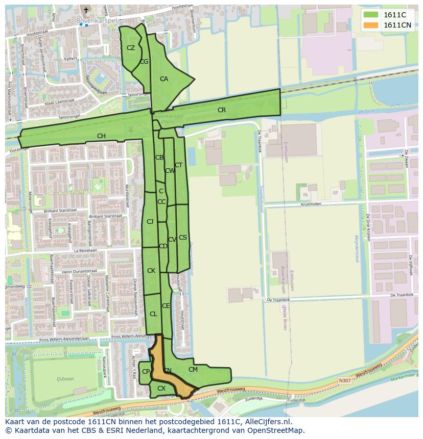 Afbeelding van het postcodegebied 1611 CN op de kaart.