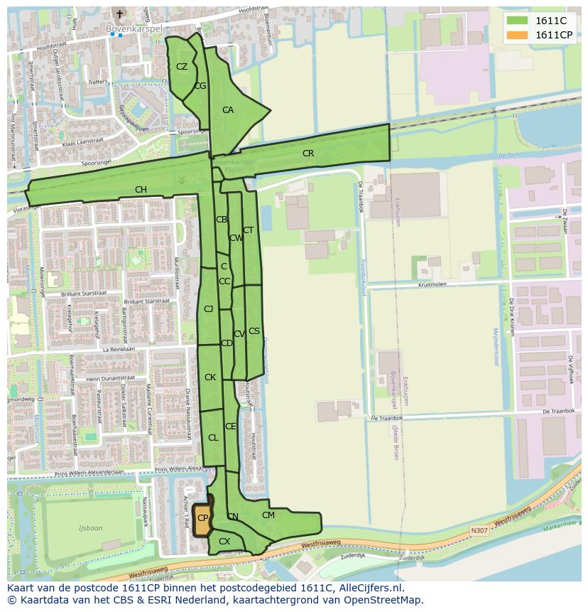 Afbeelding van het postcodegebied 1611 CP op de kaart.