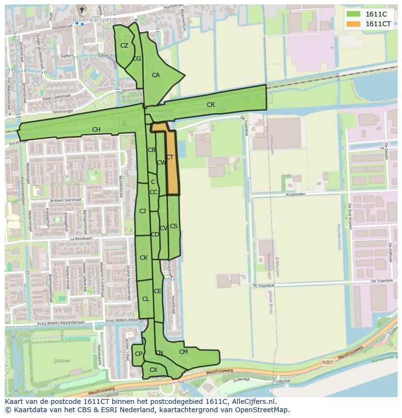 Afbeelding van het postcodegebied 1611 CT op de kaart.
