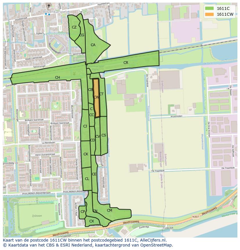 Afbeelding van het postcodegebied 1611 CW op de kaart.