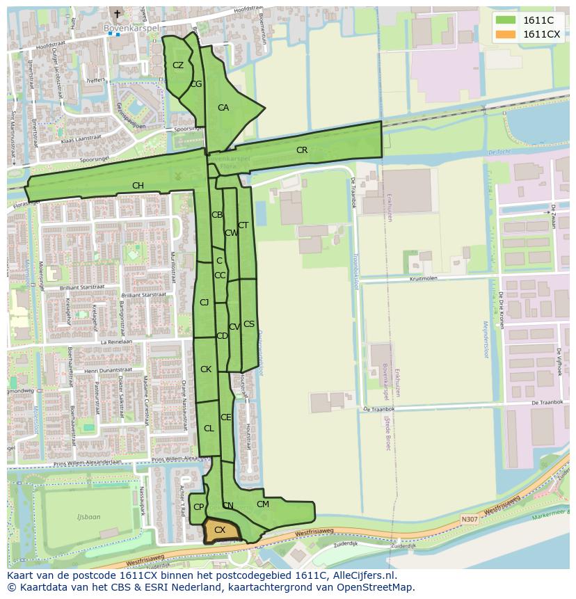 Afbeelding van het postcodegebied 1611 CX op de kaart.