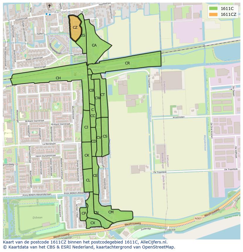 Afbeelding van het postcodegebied 1611 CZ op de kaart.