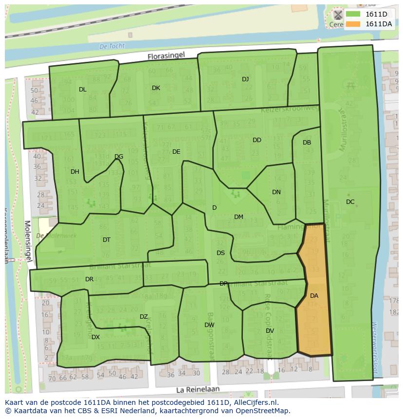 Afbeelding van het postcodegebied 1611 DA op de kaart.