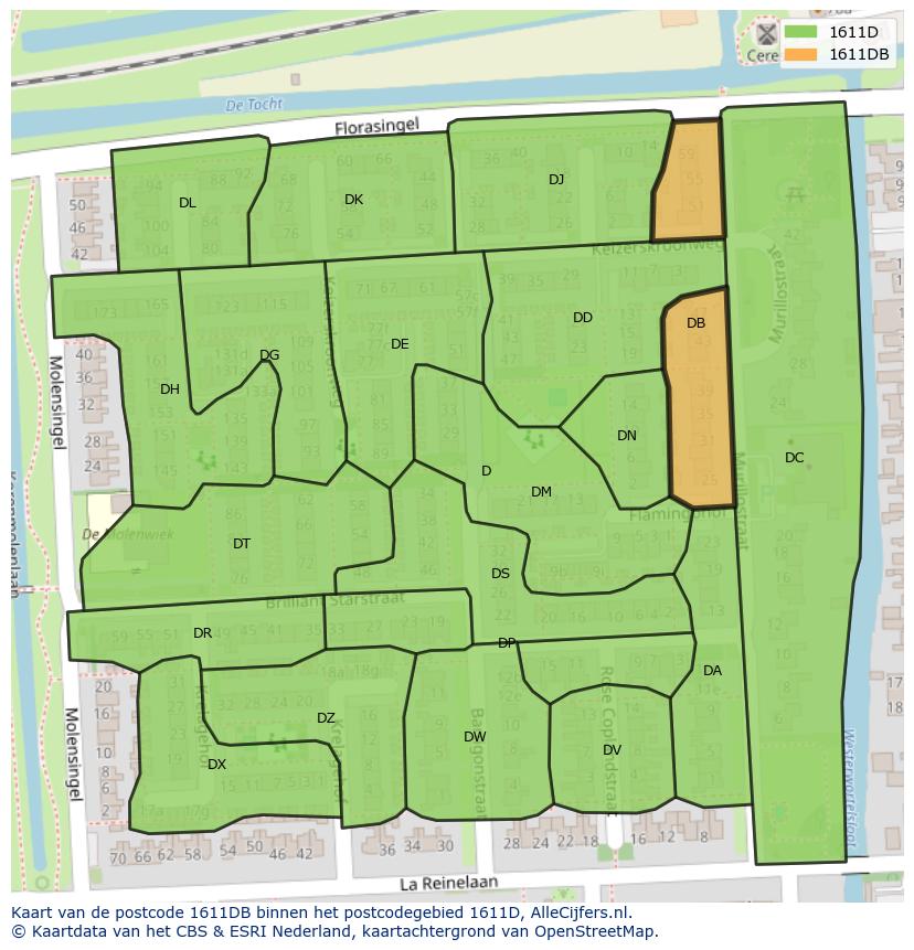 Afbeelding van het postcodegebied 1611 DB op de kaart.