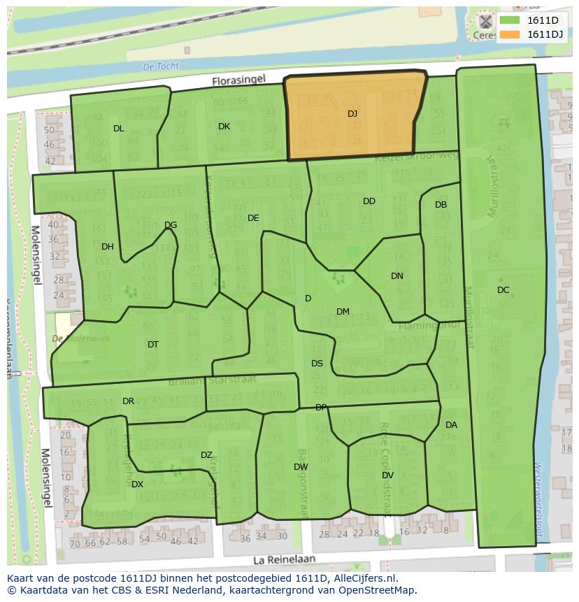 Afbeelding van het postcodegebied 1611 DJ op de kaart.