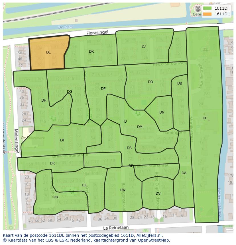 Afbeelding van het postcodegebied 1611 DL op de kaart.