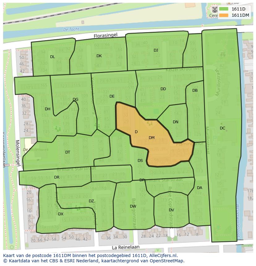 Afbeelding van het postcodegebied 1611 DM op de kaart.