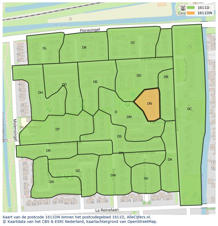 Afbeelding van het postcodegebied 1611 DN op de kaart.