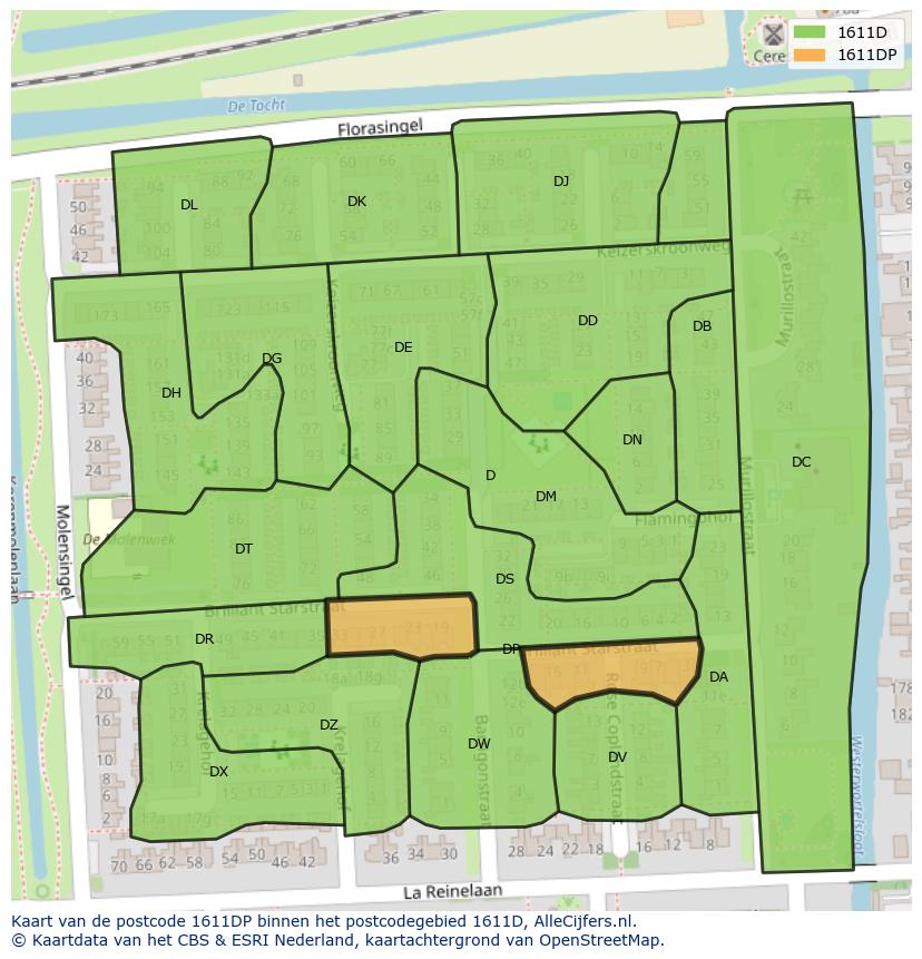 Afbeelding van het postcodegebied 1611 DP op de kaart.
