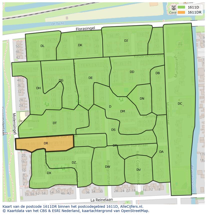 Afbeelding van het postcodegebied 1611 DR op de kaart.