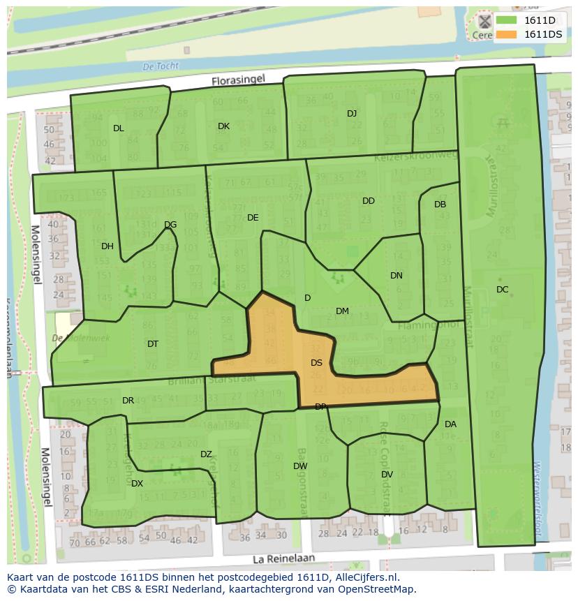 Afbeelding van het postcodegebied 1611 DS op de kaart.