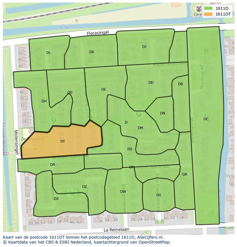 Afbeelding van het postcodegebied 1611 DT op de kaart.