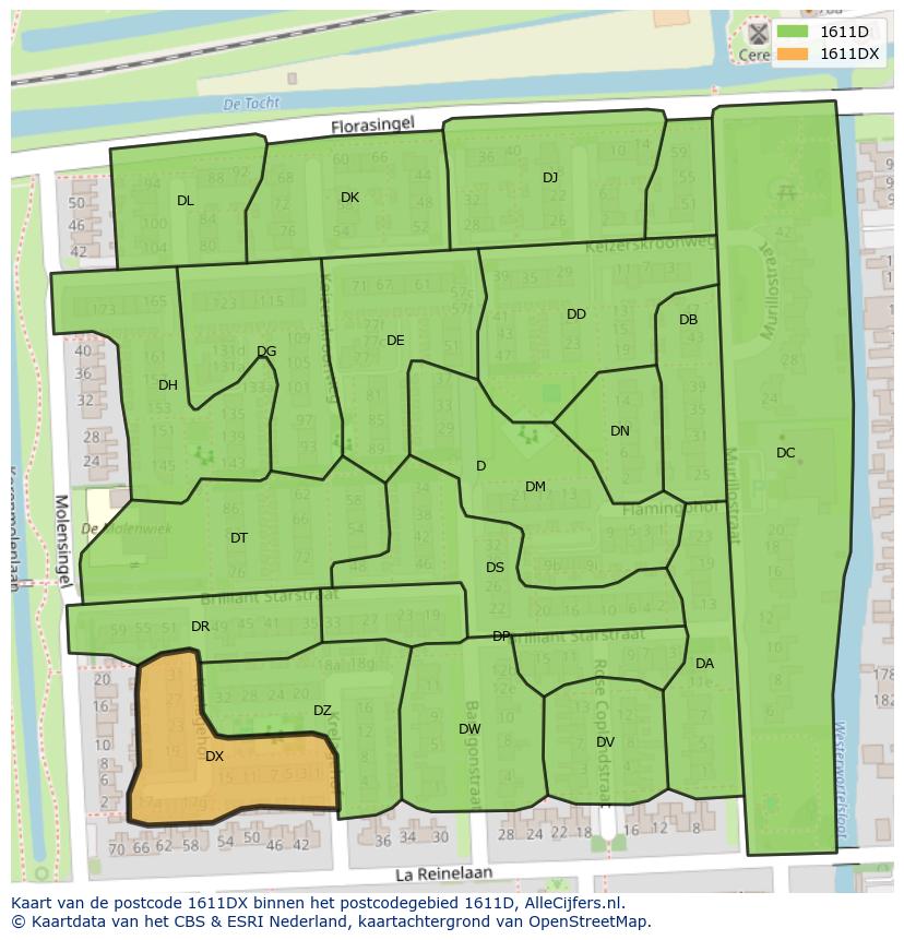 Afbeelding van het postcodegebied 1611 DX op de kaart.