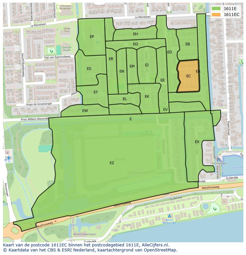 Afbeelding van het postcodegebied 1611 EC op de kaart.