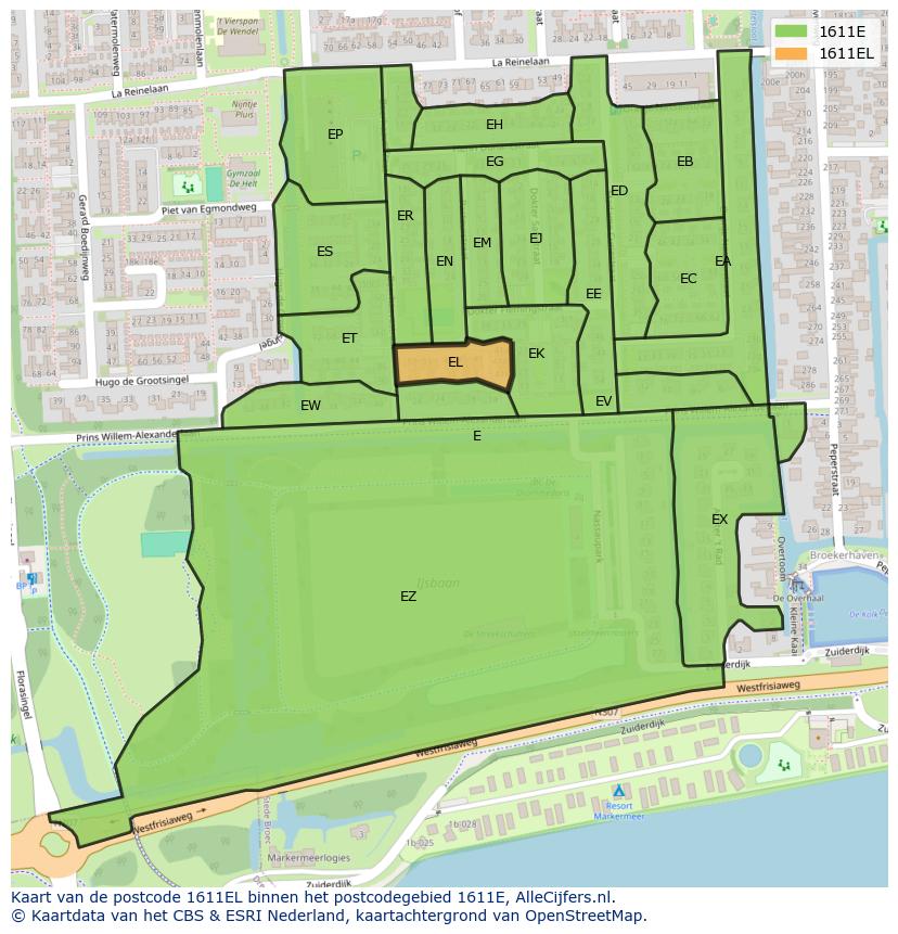 Afbeelding van het postcodegebied 1611 EL op de kaart.