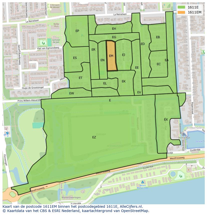 Afbeelding van het postcodegebied 1611 EM op de kaart.