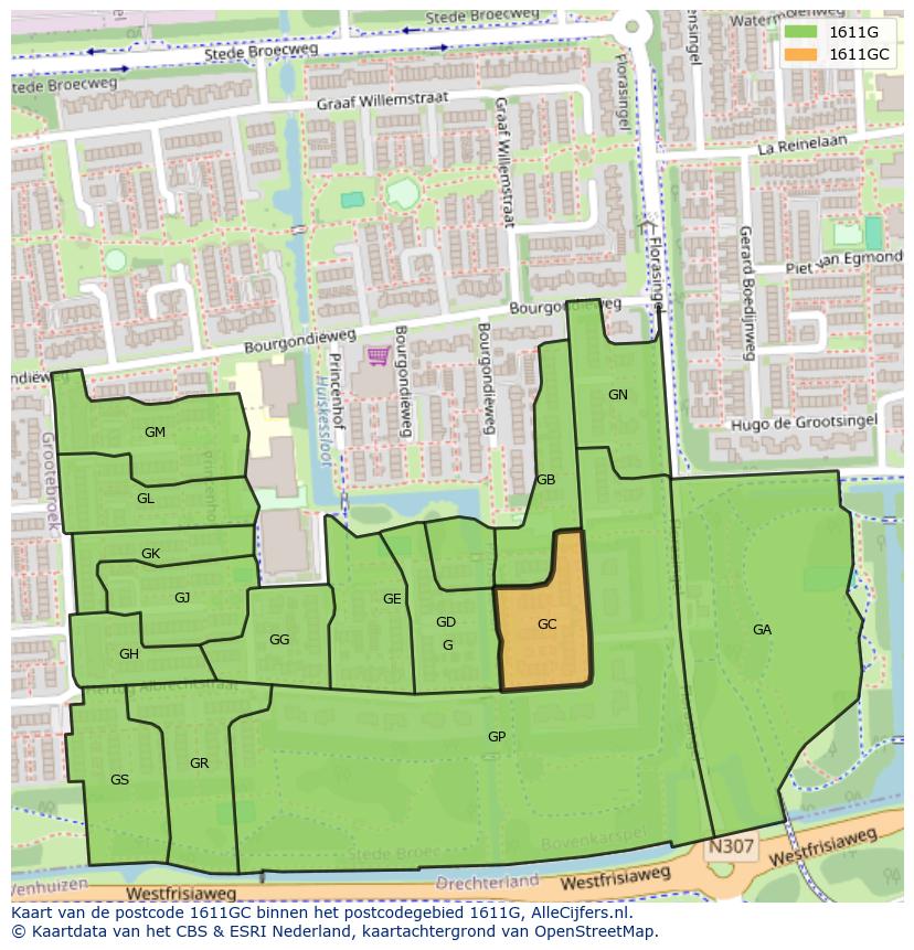 Afbeelding van het postcodegebied 1611 GC op de kaart.